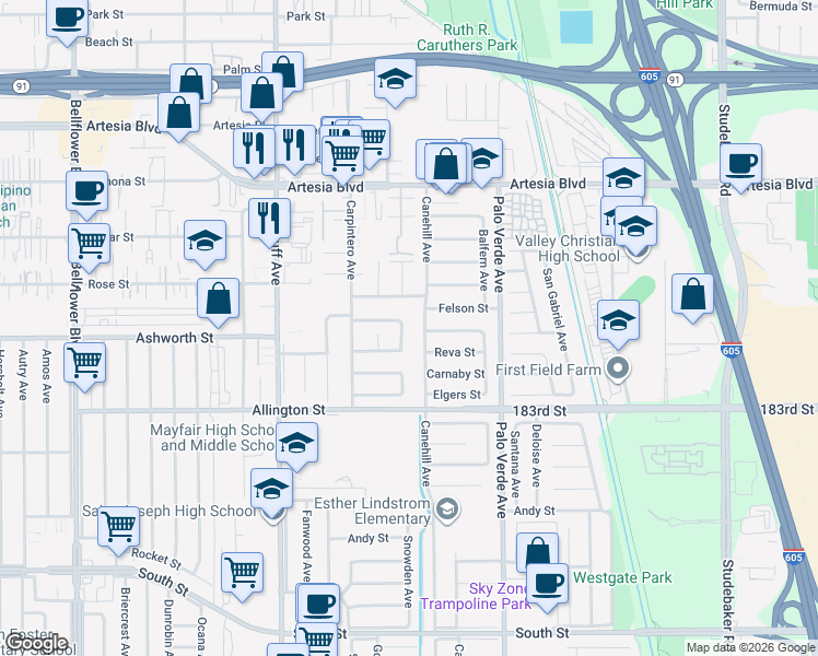 map of restaurants, bars, coffee shops, grocery stores, and more near 17913 Canehill Avenue in Bellflower