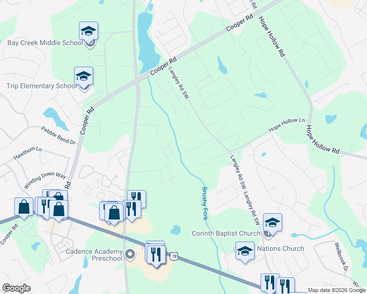 map of restaurants, bars, coffee shops, grocery stores, and more near 470 Langley Creek Drive in Loganville