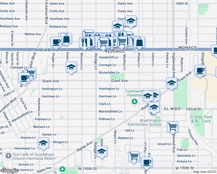 map of restaurants, bars, coffee shops, grocery stores, and more near 2221 Huntington Lane in Redondo Beach