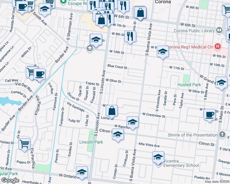 map of restaurants, bars, coffee shops, grocery stores, and more near 1024 West Kendall Street in Corona