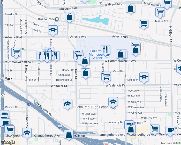 map of restaurants, bars, coffee shops, grocery stores, and more near 6382 Roland Street in Buena Park