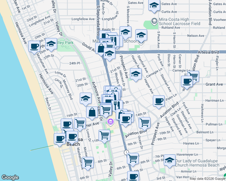 map of restaurants, bars, coffee shops, grocery stores, and more near 803 18th Street in Hermosa Beach