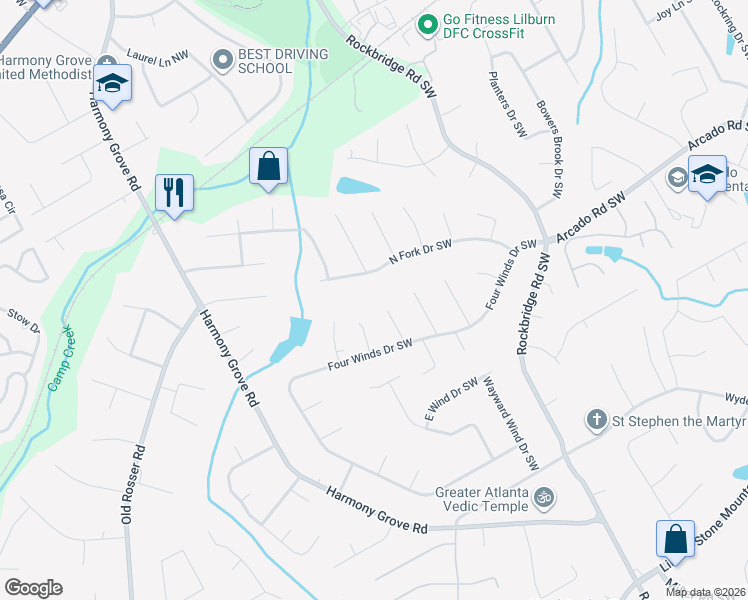 map of restaurants, bars, coffee shops, grocery stores, and more near 201 Marquis Court Southwest in Lilburn