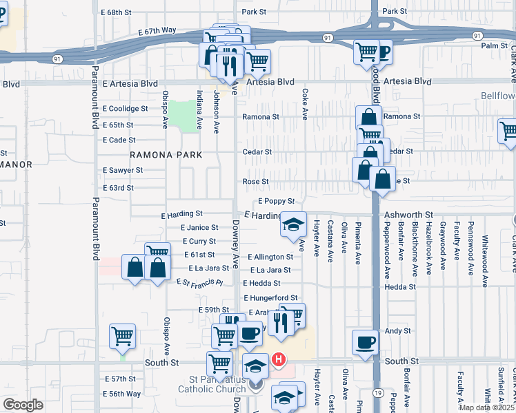 map of restaurants, bars, coffee shops, grocery stores, and more near 6220 Verdura Avenue in Long Beach