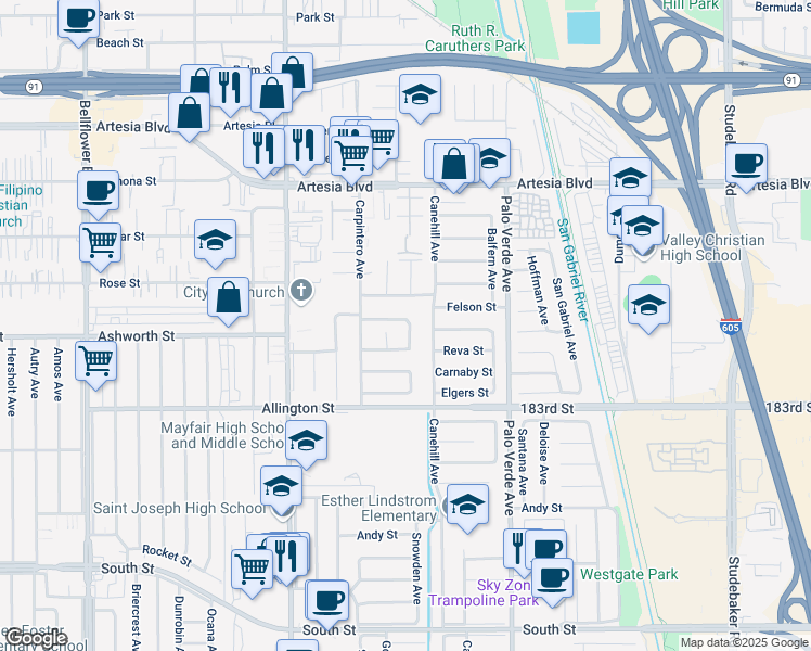map of restaurants, bars, coffee shops, grocery stores, and more near 10418 Spruce Street in Bellflower