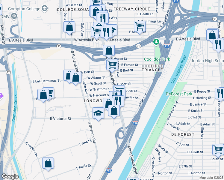 map of restaurants, bars, coffee shops, grocery stores, and more near 10 West Trafford Street in Long Beach
