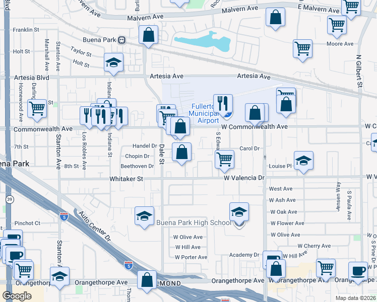map of restaurants, bars, coffee shops, grocery stores, and more near 6382 Roland Street in Buena Park