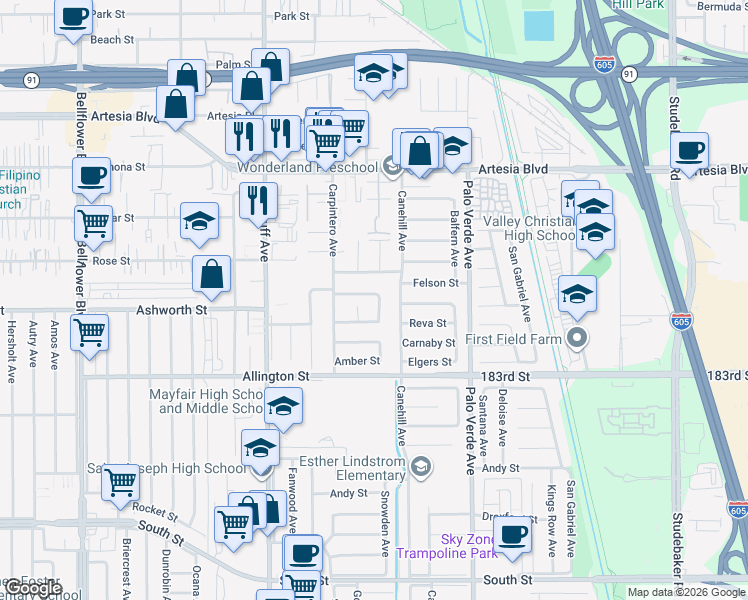 map of restaurants, bars, coffee shops, grocery stores, and more near 10418 Spruce Street in Bellflower
