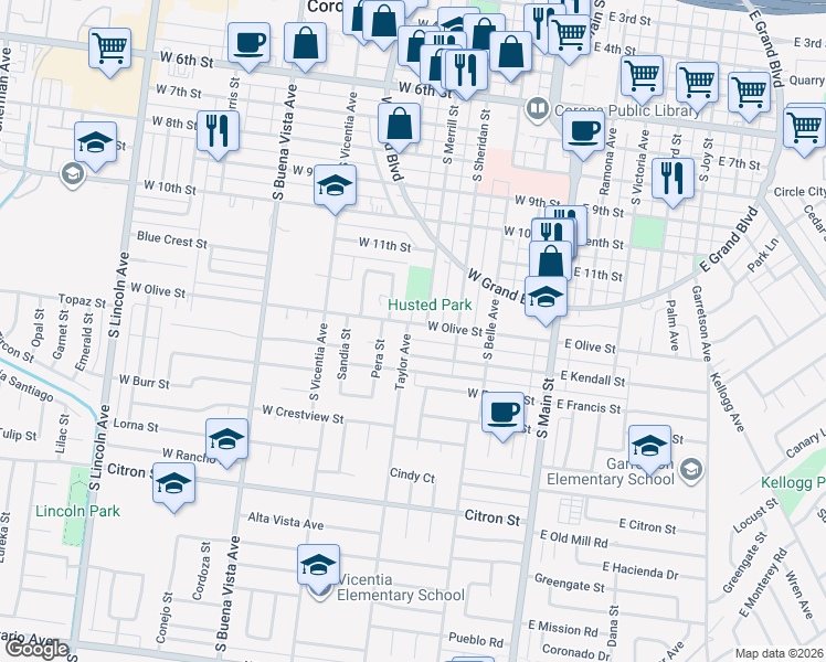 map of restaurants, bars, coffee shops, grocery stores, and more near 510 West Olive Street in Corona