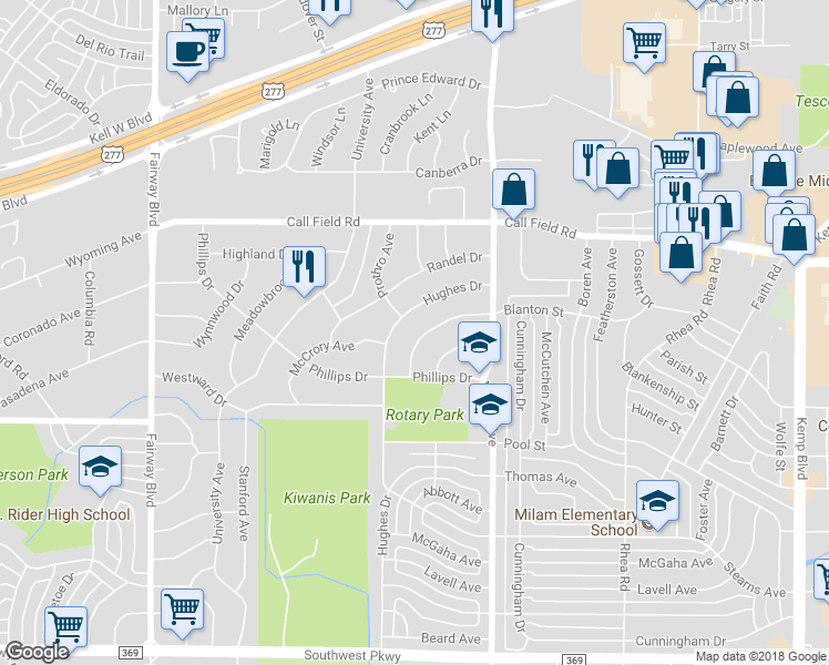 map of restaurants, bars, coffee shops, grocery stores, and more near 4122 Blanton Street in Wichita Falls