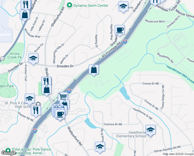 map of restaurants, bars, coffee shops, grocery stores, and more near 3113 Colonial Way in Atlanta