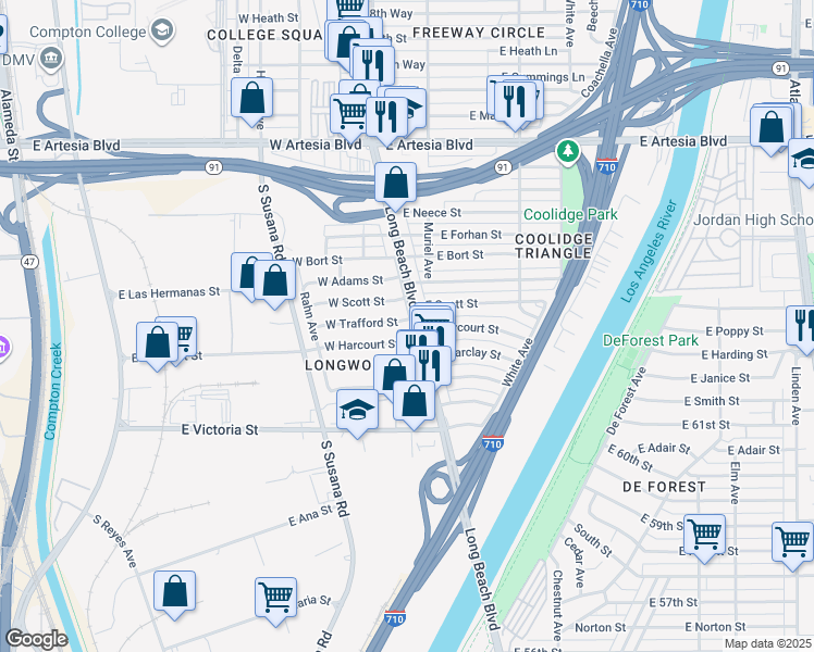 map of restaurants, bars, coffee shops, grocery stores, and more near 2 West Trafford Street in Long Beach
