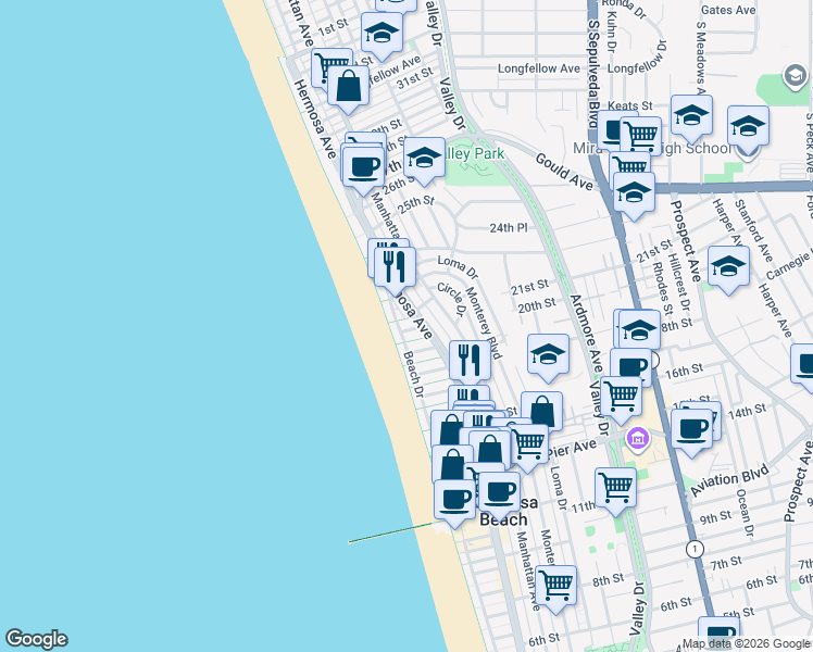 map of restaurants, bars, coffee shops, grocery stores, and more near 32 21st Street in Hermosa Beach