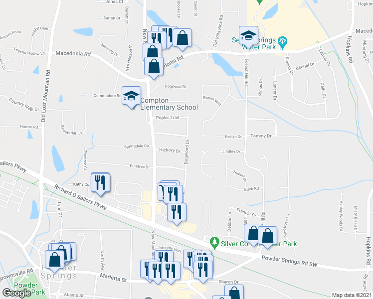 map of restaurants, bars, coffee shops, grocery stores, and more near 3440 Dogwood Drive in Powder Springs