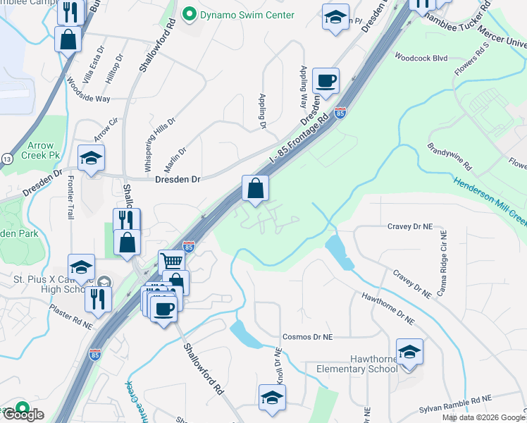 map of restaurants, bars, coffee shops, grocery stores, and more near 3113 Colonial Way in Atlanta
