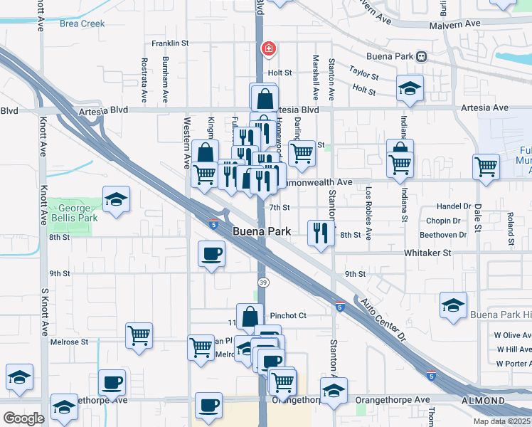 map of restaurants, bars, coffee shops, grocery stores, and more near 7772 7th Street in Buena Park