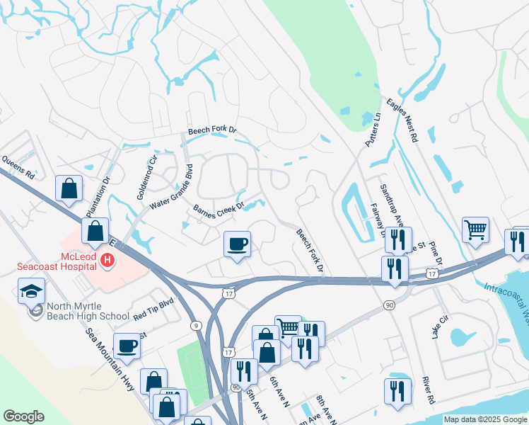map of restaurants, bars, coffee shops, grocery stores, and more near 4482 Little River Inn Lane in Little River