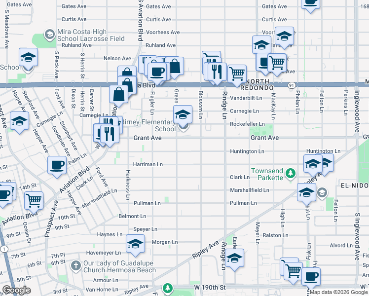 map of restaurants, bars, coffee shops, grocery stores, and more near 1507 Green Lane in Redondo Beach