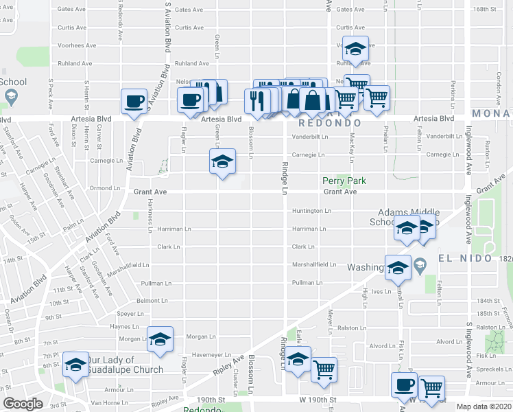 map of restaurants, bars, coffee shops, grocery stores, and more near 2103 Huntington Lane in Redondo Beach