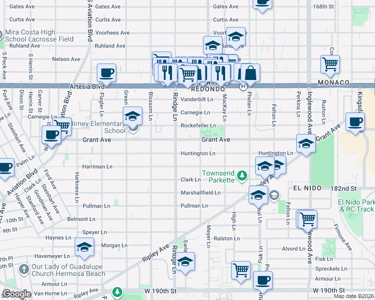 map of restaurants, bars, coffee shops, grocery stores, and more near 2211 Huntington Lane in Redondo Beach