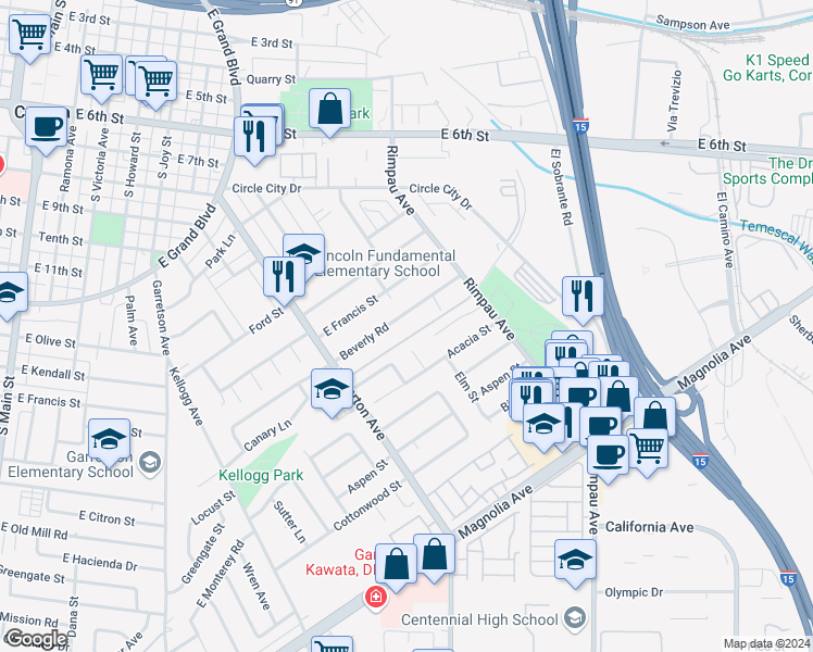 map of restaurants, bars, coffee shops, grocery stores, and more near 1006 Beverly Road in Corona