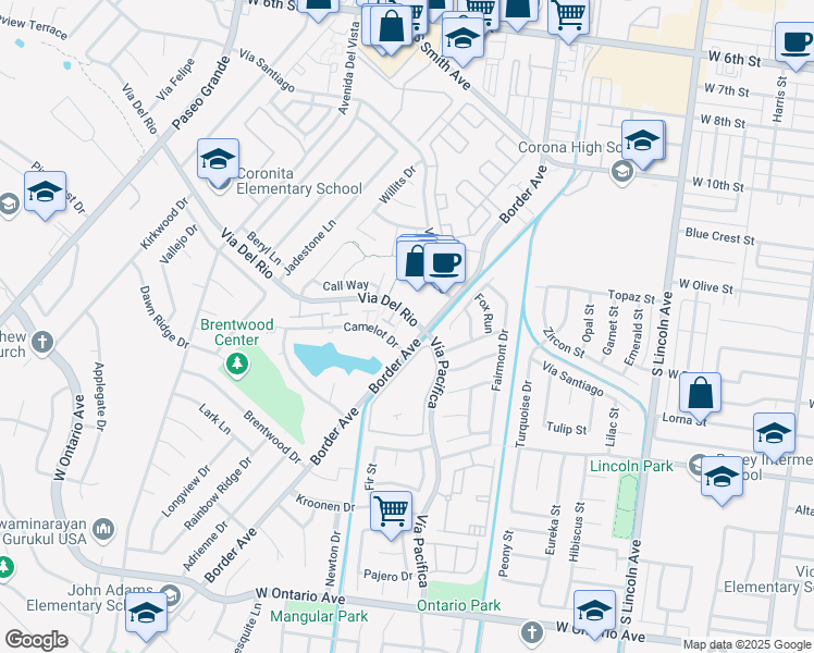 map of restaurants, bars, coffee shops, grocery stores, and more near 1326 Via Del Rio in Corona