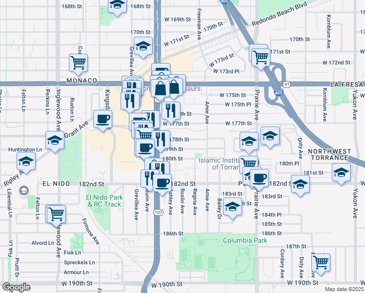 map of restaurants, bars, coffee shops, grocery stores, and more near 4244 West 178th Street in Torrance