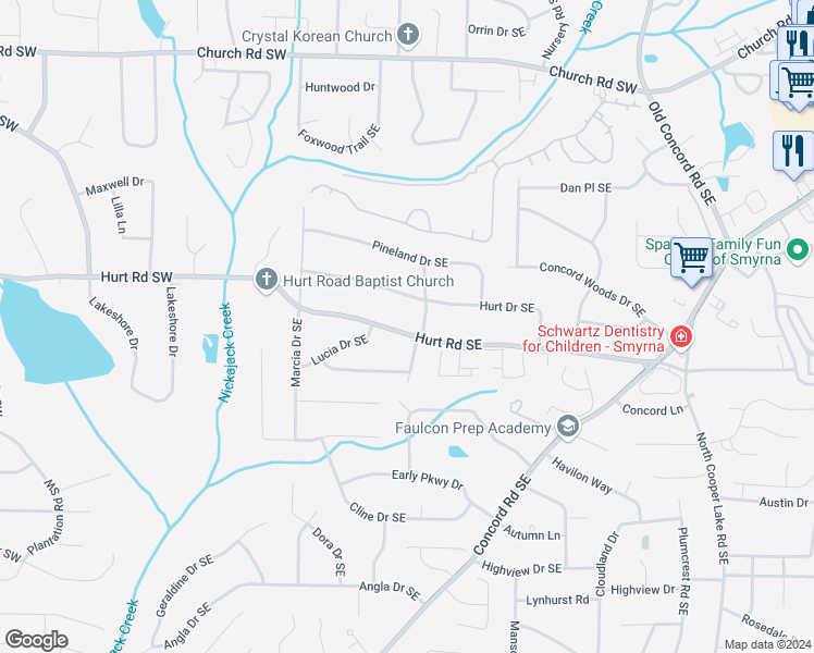 map of restaurants, bars, coffee shops, grocery stores, and more near 167 Hurt Drive Southeast in Smyrna