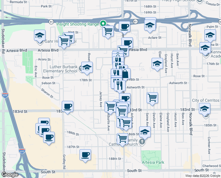 map of restaurants, bars, coffee shops, grocery stores, and more near 17888 Alburtis Avenue in Artesia