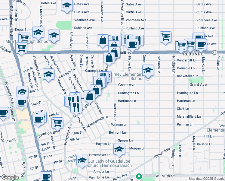 map of restaurants, bars, coffee shops, grocery stores, and more near 1717 Huntington Lane in Redondo Beach