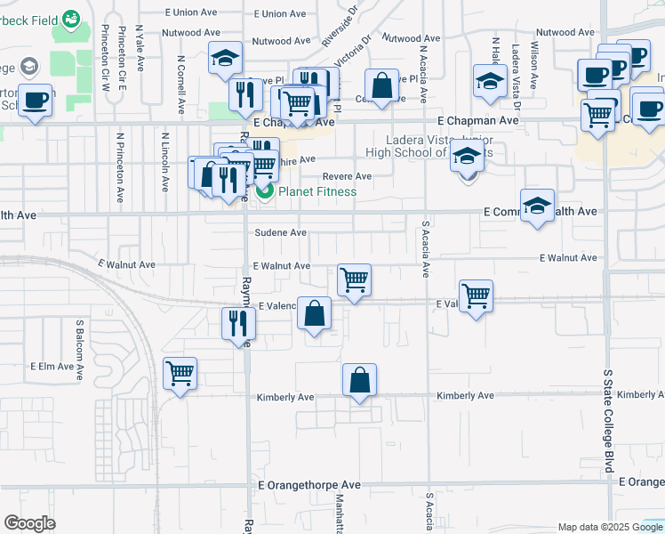 map of restaurants, bars, coffee shops, grocery stores, and more near 224 South Janet Place in Fullerton