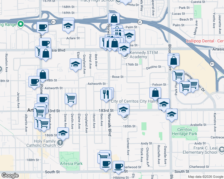 map of restaurants, bars, coffee shops, grocery stores, and more near 17810 Norwalk Boulevard in Artesia