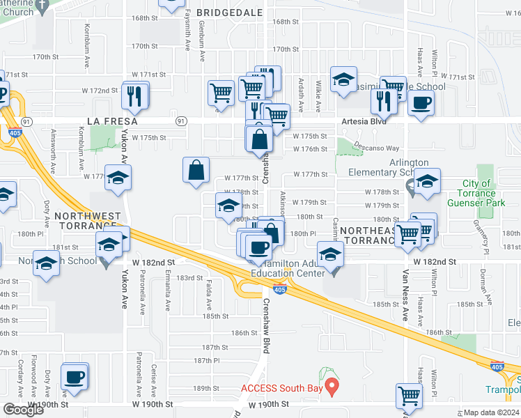 map of restaurants, bars, coffee shops, grocery stores, and more near 3119 West 179th Street in Torrance