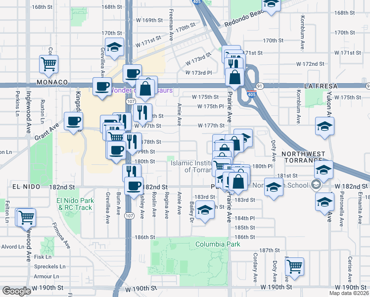 map of restaurants, bars, coffee shops, grocery stores, and more near 4110 West 178th Street in Torrance