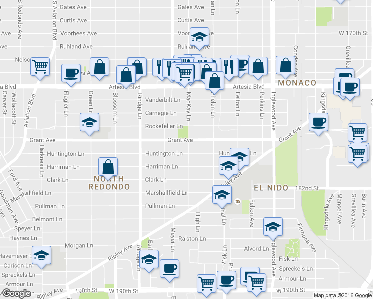 map of restaurants, bars, coffee shops, grocery stores, and more near 2408 Grant Avenue in Redondo Beach