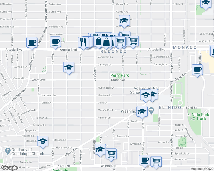 map of restaurants, bars, coffee shops, grocery stores, and more near 1507 Slauson Lane in Redondo Beach