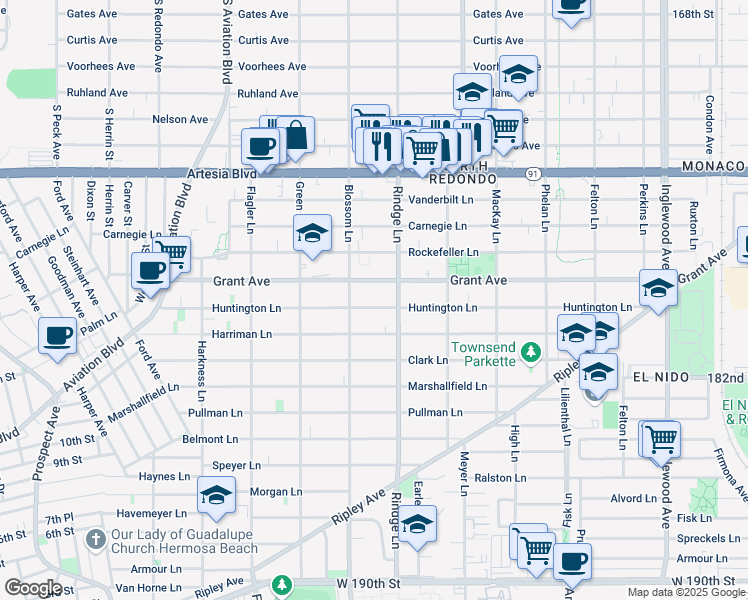 map of restaurants, bars, coffee shops, grocery stores, and more near 2108 Grant Avenue in Redondo Beach