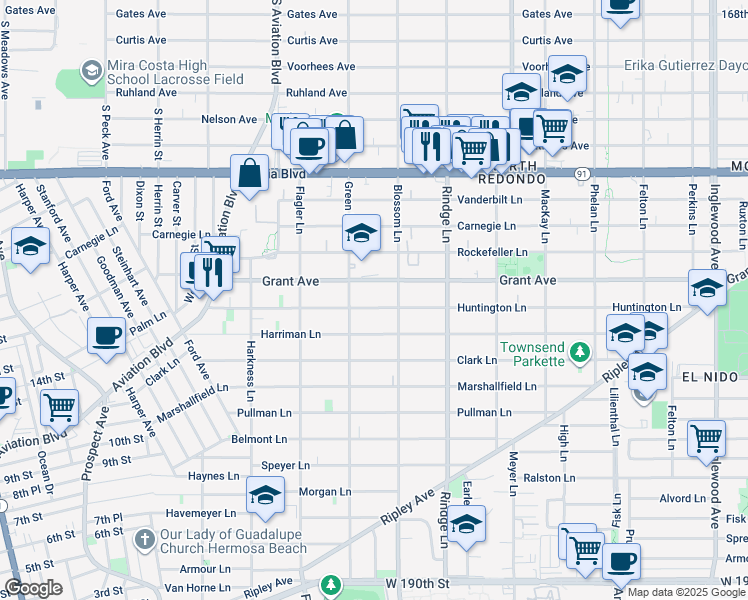 map of restaurants, bars, coffee shops, grocery stores, and more near 2014 Grant Avenue in Redondo Beach