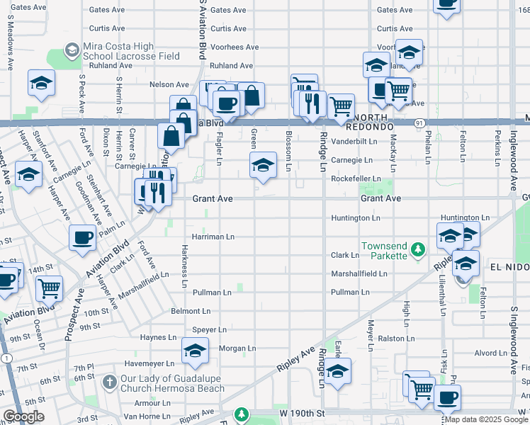 map of restaurants, bars, coffee shops, grocery stores, and more near 1507 Green Lane in Redondo Beach