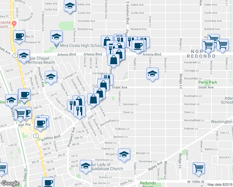 map of restaurants, bars, coffee shops, grocery stores, and more near 1717 Huntington Lane in Redondo Beach