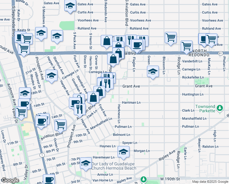 map of restaurants, bars, coffee shops, grocery stores, and more near 1717 Huntington Lane in Redondo Beach