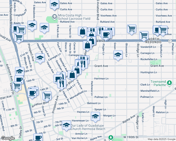 map of restaurants, bars, coffee shops, grocery stores, and more near 1717 Huntington Lane in Redondo Beach