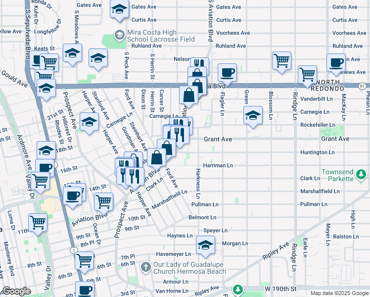 map of restaurants, bars, coffee shops, grocery stores, and more near 1525 Aviation Boulevard in Redondo Beach