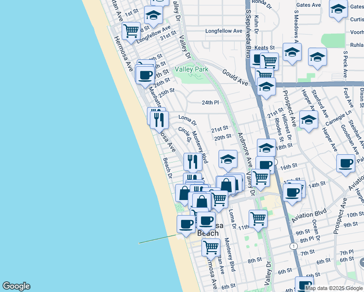 map of restaurants, bars, coffee shops, grocery stores, and more near 2044 Hermosa Avenue in Hermosa Beach