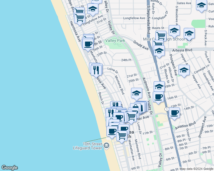 map of restaurants, bars, coffee shops, grocery stores, and more near 2044 Hermosa Avenue in Hermosa Beach