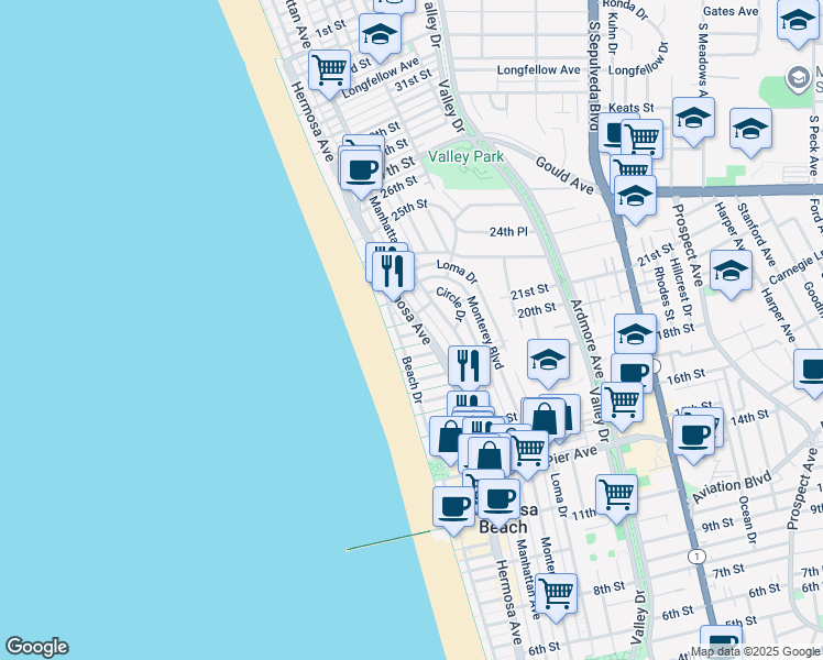 map of restaurants, bars, coffee shops, grocery stores, and more near 2044 Hermosa Avenue in Hermosa Beach