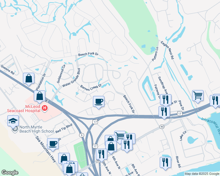 map of restaurants, bars, coffee shops, grocery stores, and more near 4482 Little River Inn Lane in Little River