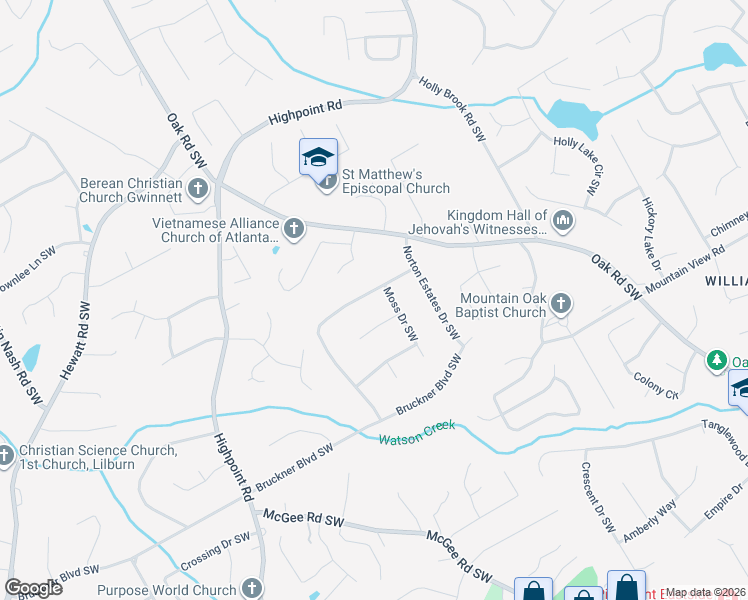 map of restaurants, bars, coffee shops, grocery stores, and more near 1640 Norton Estates Circle Southwest in Snellville
