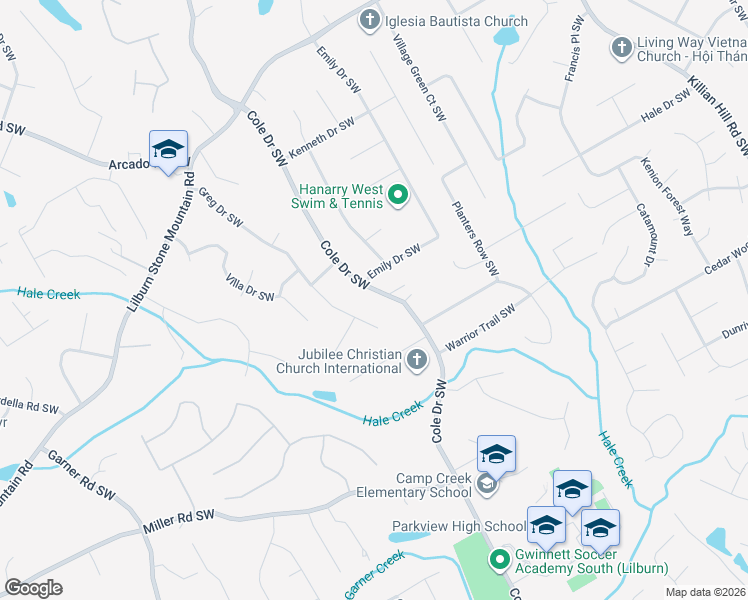 map of restaurants, bars, coffee shops, grocery stores, and more near 607 Cole Drive Southwest in Lilburn
