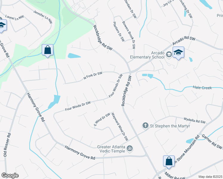 map of restaurants, bars, coffee shops, grocery stores, and more near 5894 Four Winds Drive Southwest in Lilburn